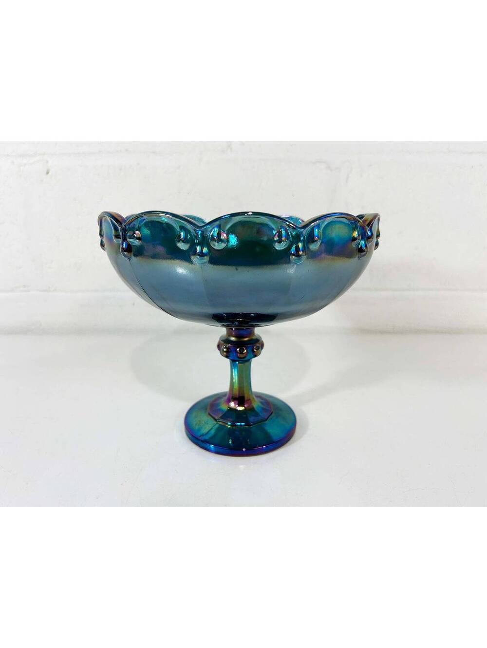 Indiana Carnival Glass Amethyst Blue 1970s Iridescent Compote Pedestal Bowl